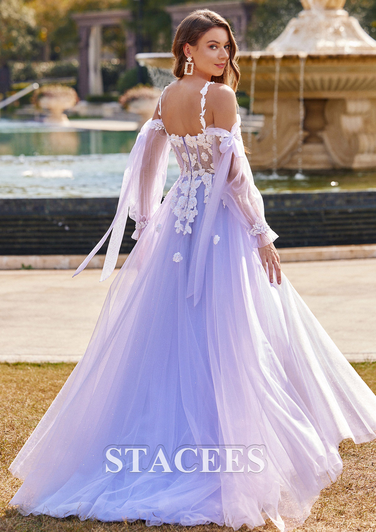 Lavender A-line V Neck Full/Long Sleeve Sweep Train Tulle Prom Dress with Appliqued Beading - STACEES