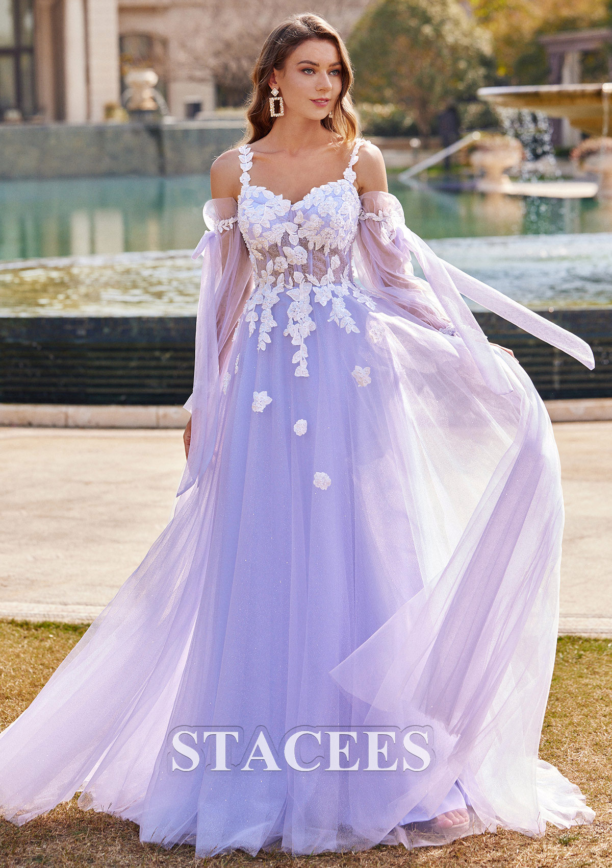 Lavender A-line V Neck Full/Long Sleeve Sweep Train Tulle Prom Dress with Appliqued Beading - STACEES