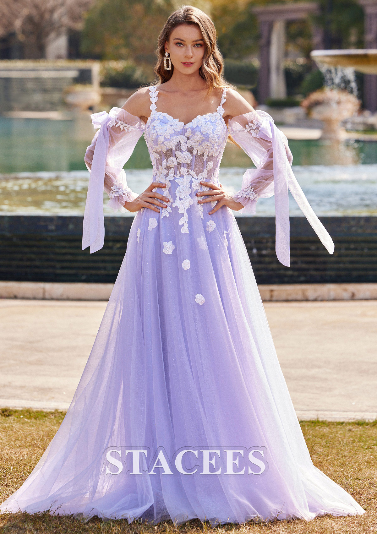 Lavender A-line V Neck Full/Long Sleeve Sweep Train Tulle Prom Dress with Appliqued Beading - STACEES
