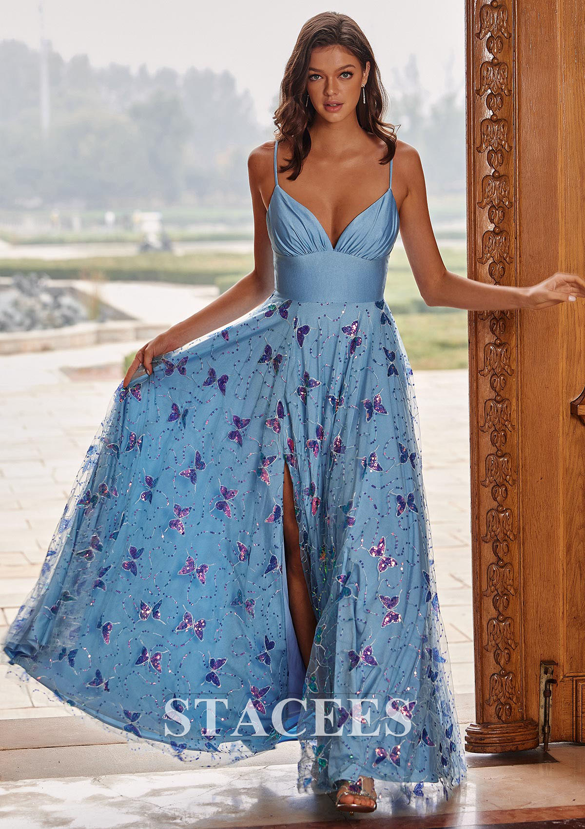 Sky Blue A-line V Neck Butterfly Applique Jersey Slit Prom Dress - STACEES