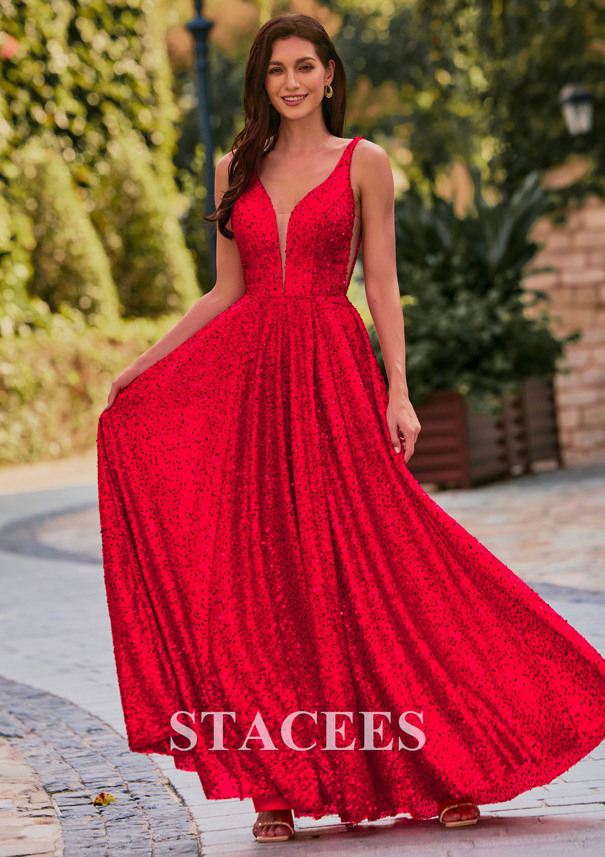 Rojo Vestido línea a escote en v lentejuelas hasta el suelo vestido de graduación - STACEES