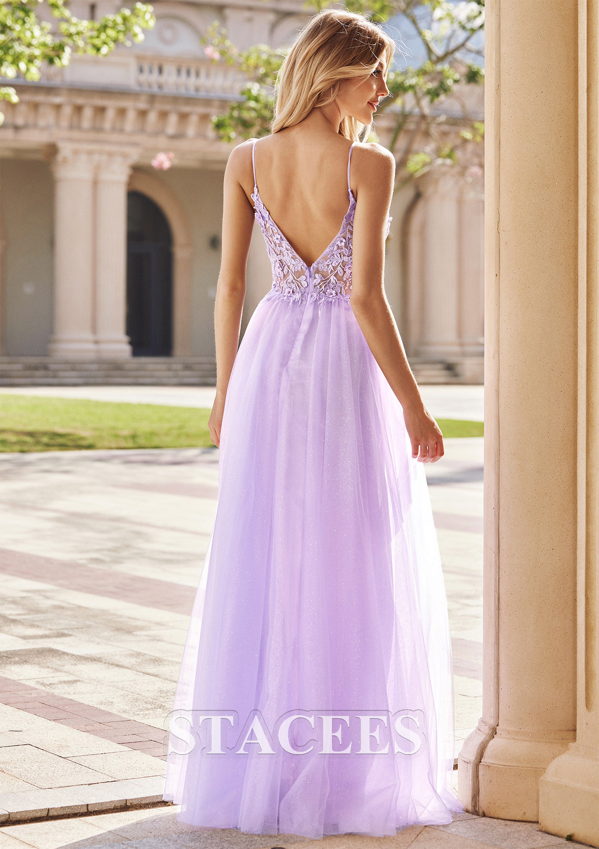 Lilac A-line V Neck Sleeveless Floor-Length Tulle Prom Dress with Appliqued Beading Flowers Glitter - STACEES