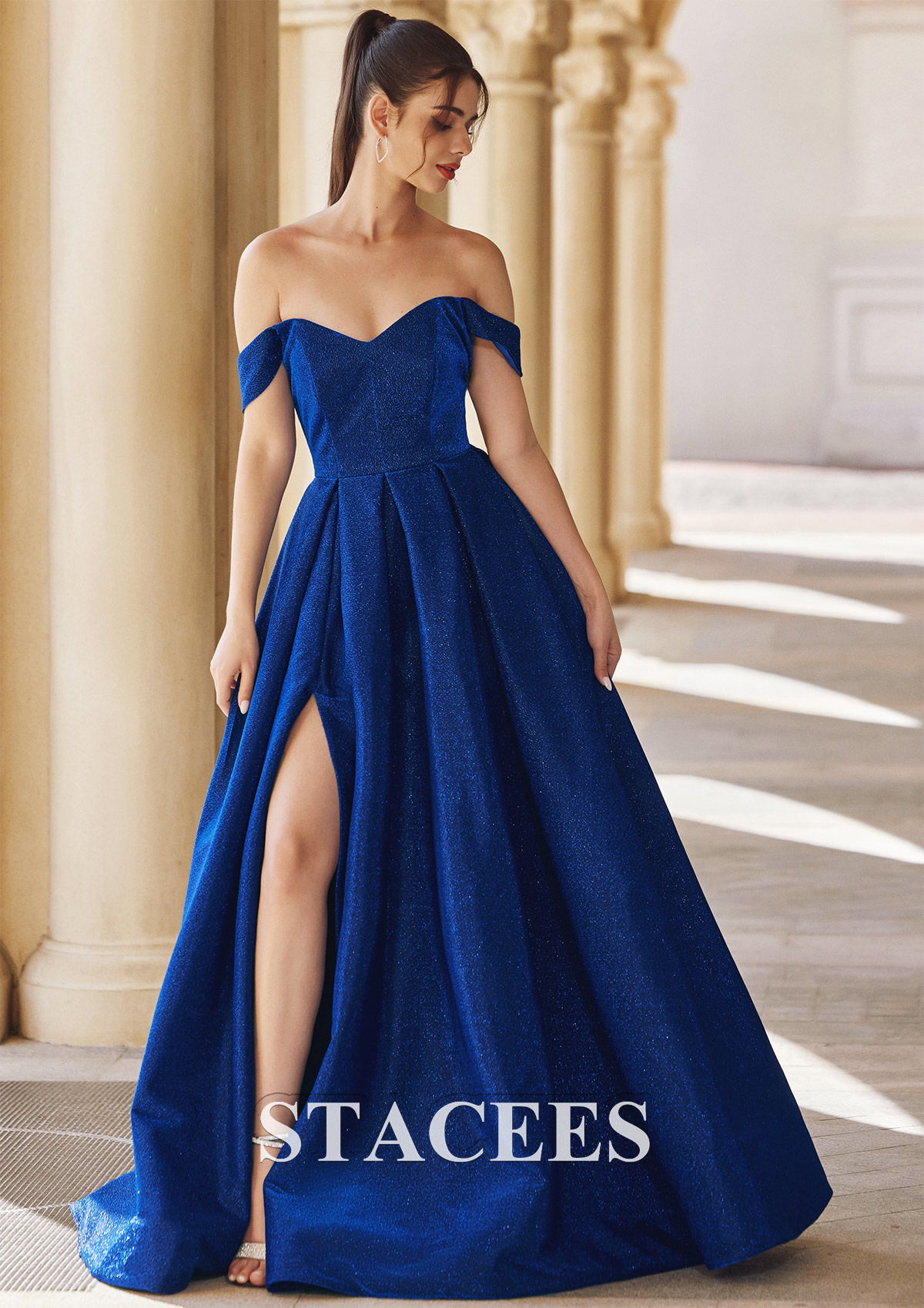 Royal Blue Vestido línea a escote en v hilo metálico barrer tren vestido de graduación - STACEES