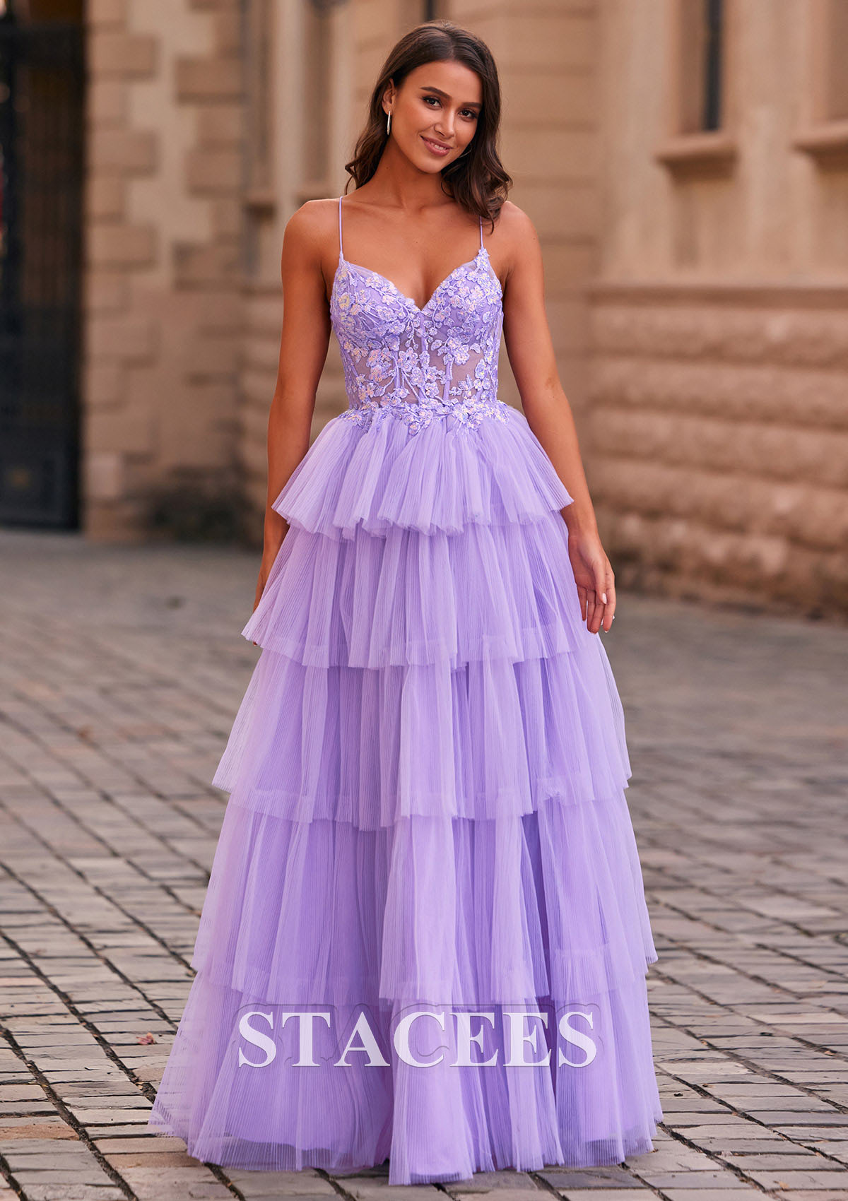 Lilac A-line V Neck Tulle Floor-Length Prom Dress with Appliqued Ruffles Sequins - STACEES