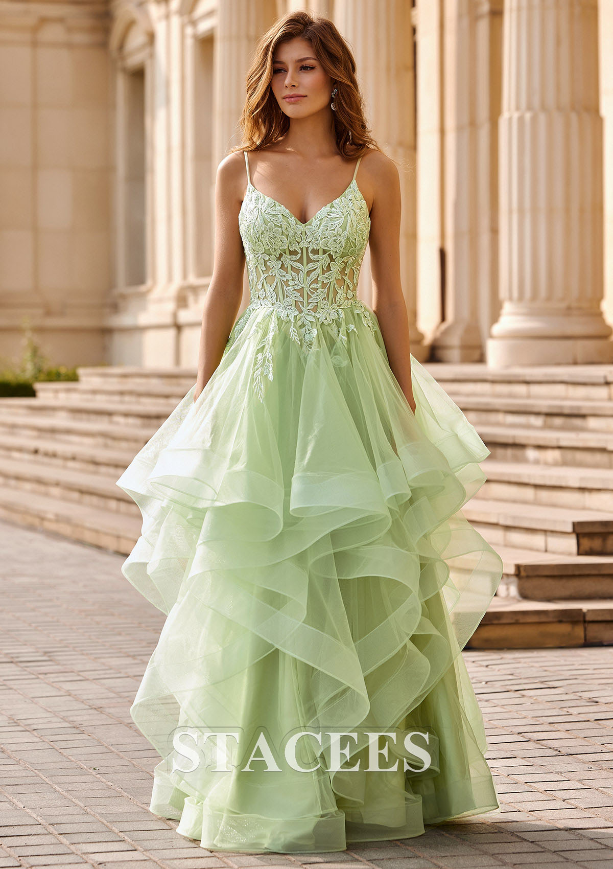 Salvia Vestido línea a escote en v tul hasta el suelo vestido de graduación - STACEES