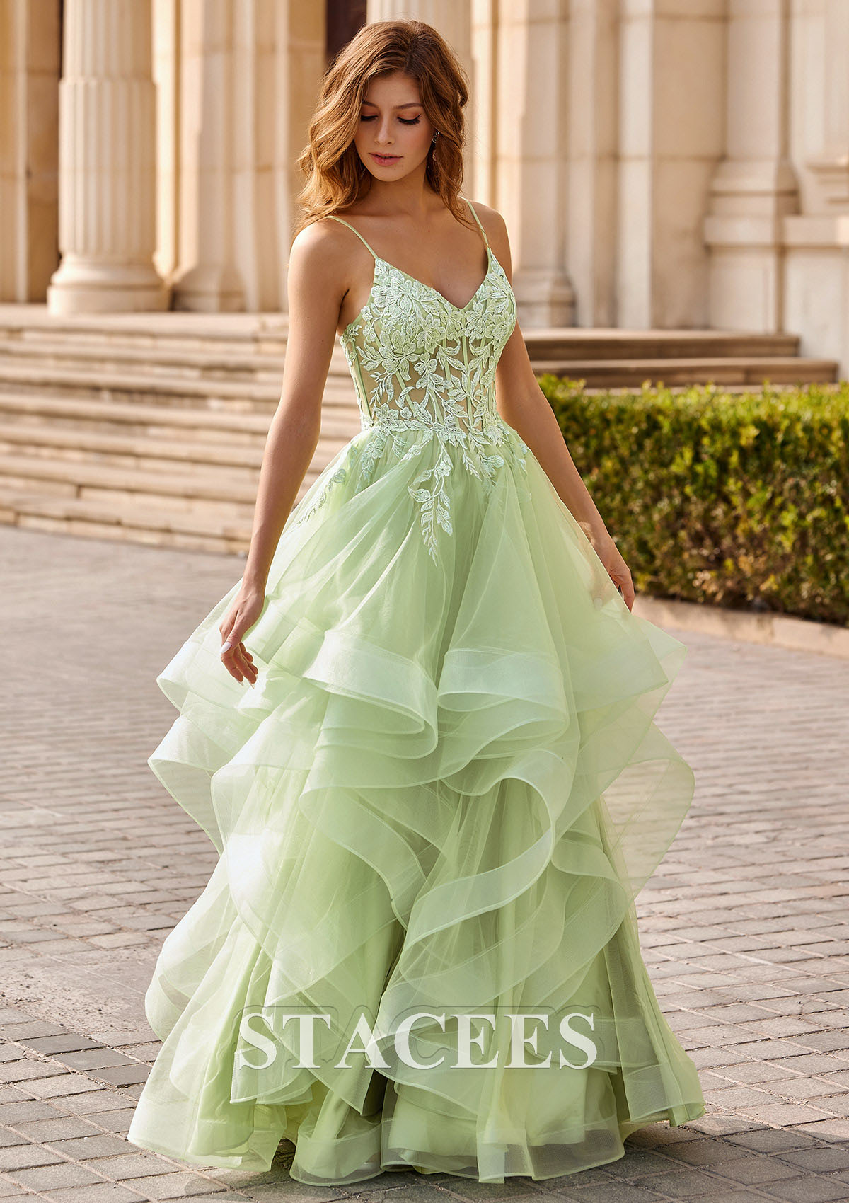 Salvia Vestido línea a escote en v tul hasta el suelo vestido de graduación - STACEES