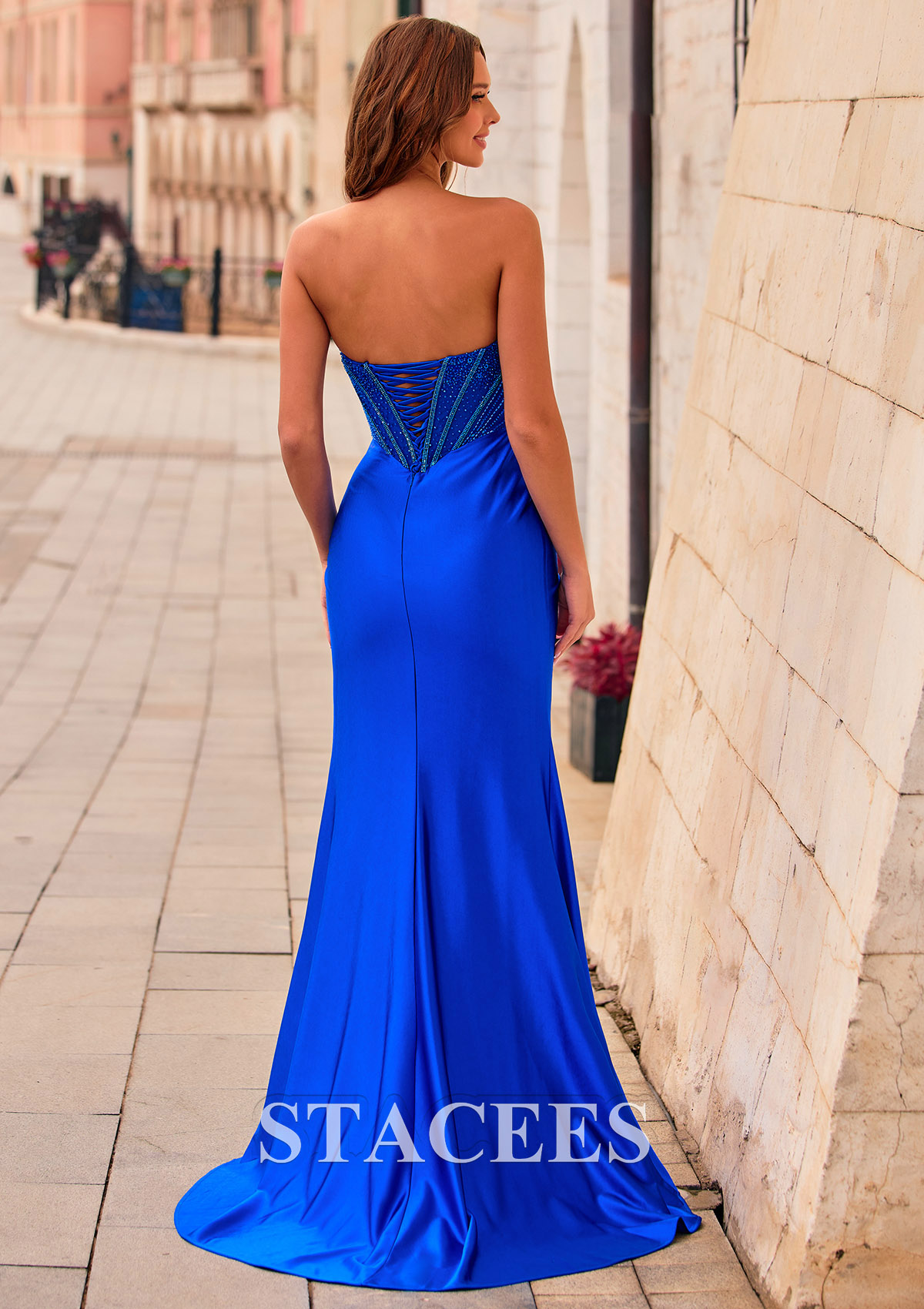 Royal Blue Tight Strapless Beaded Corset Prom Dress with Ruched Satin Slit Skirt - STACEES