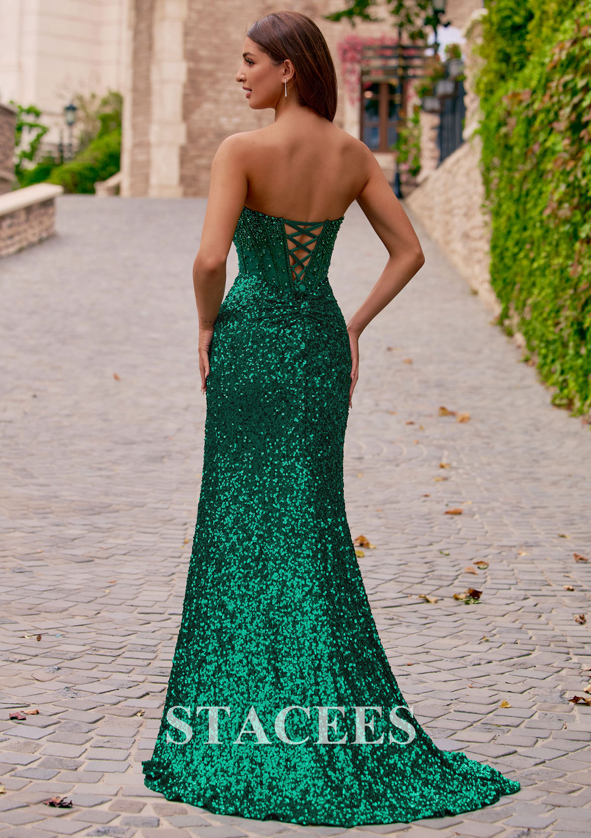 Dark Green All-over Sequin Mermaid Prom Dress with Strapless Corset Bodice & High Slit - STACEES