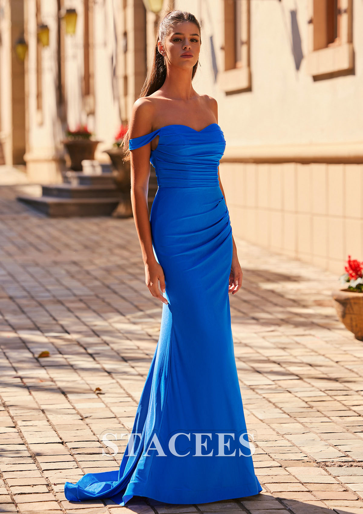Azul Océano Corte trompeta/sirena hombros descubiertos jersey barrer tren vestido de graduación - STACEES