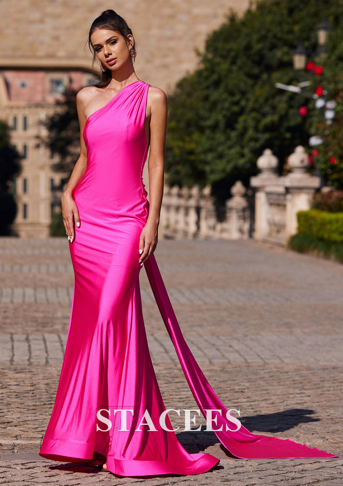 Fuchsia Trumpet/Mermaid One-Shoulder Sweep Train Jersey Prom Dress with Pleated Side Draping - STACEES