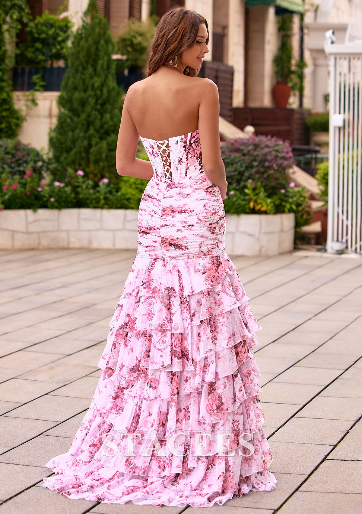 Blushing Pink Floral Fitted Ruched Strapless Corset Floral Tiered Ruffle Slit Prom Dress with Detachable Straps - STACEES