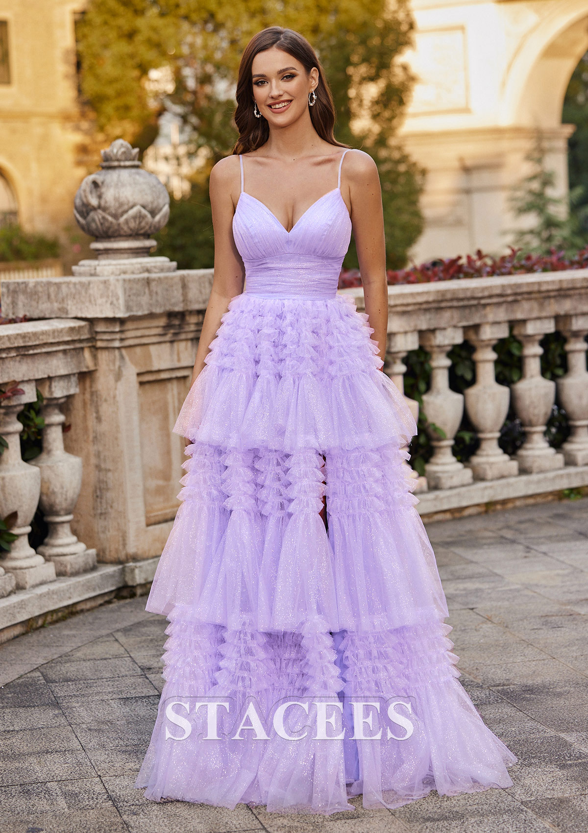 Lavande Robe trapèze princesse col en v glitter ras du sol robe de bal - STACEES