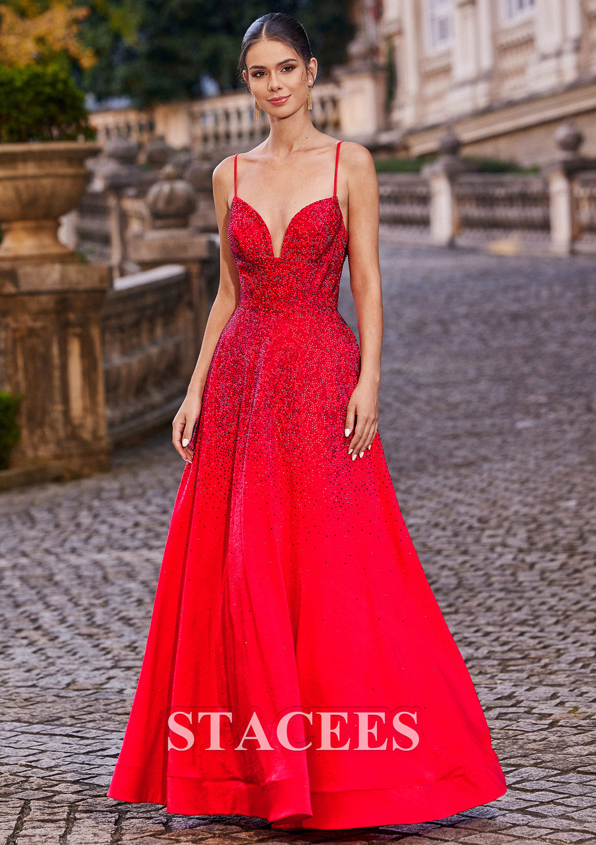 Red A-line Princess V Neck Floor-Length Satin Prom Dress with Beading Pockets - STACEES