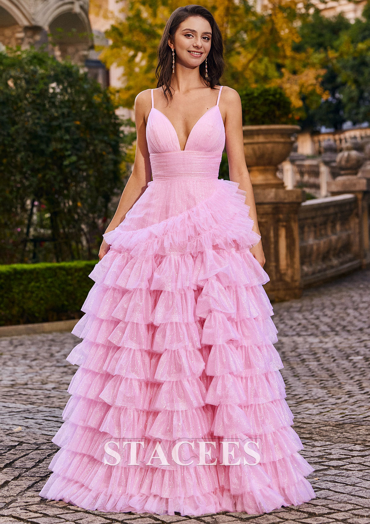 Candy Pink A-line Princess V Neck Floor-Length Tulle Prom Dress with Pleated Ruffles Glitter - STACEES