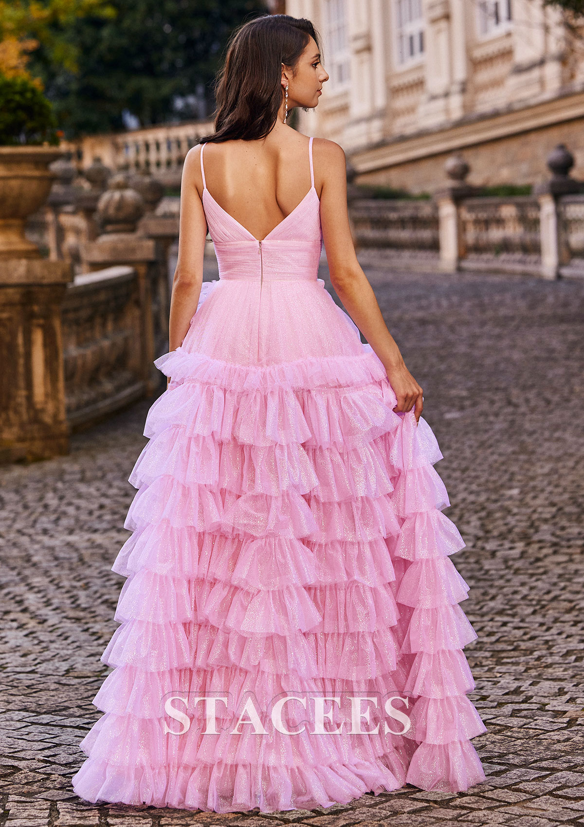Candy Pink A-line Princess V Neck Floor-Length Tulle Prom Dress with Pleated Ruffles Glitter - STACEES