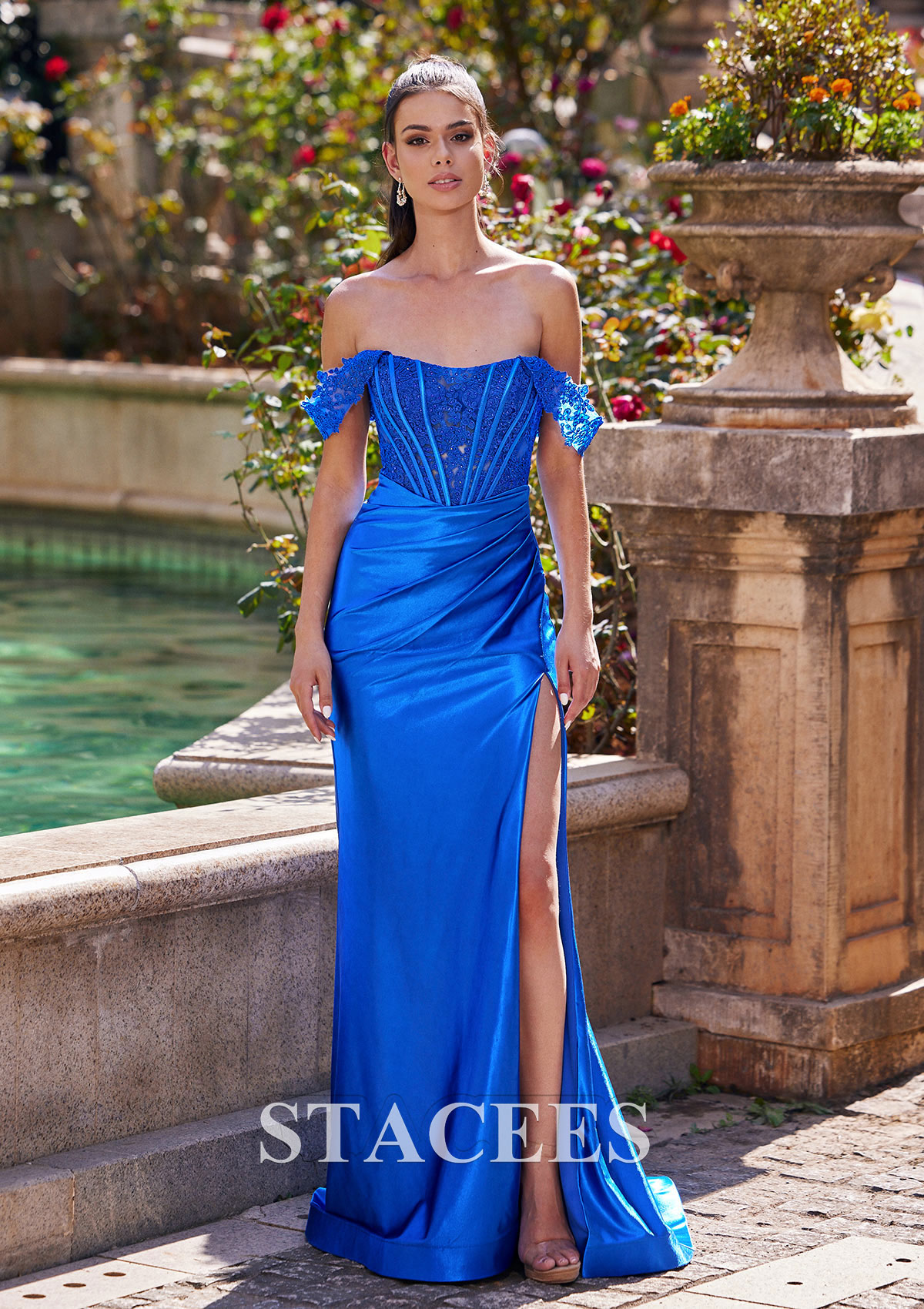 Ocean Blue Sheath/Column Off-the-Shoulder Sweep Train Silk like Satin Prom Dress with Appliqued Beading Pleated Split - STACEES