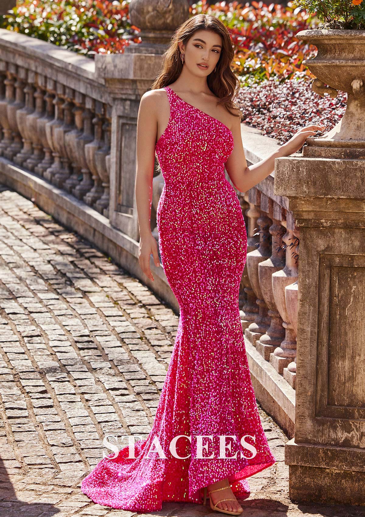 Fuchsia Trumpet/Mermaid One-Shoulder Velvet Sequins Prom Dress - STACEES
