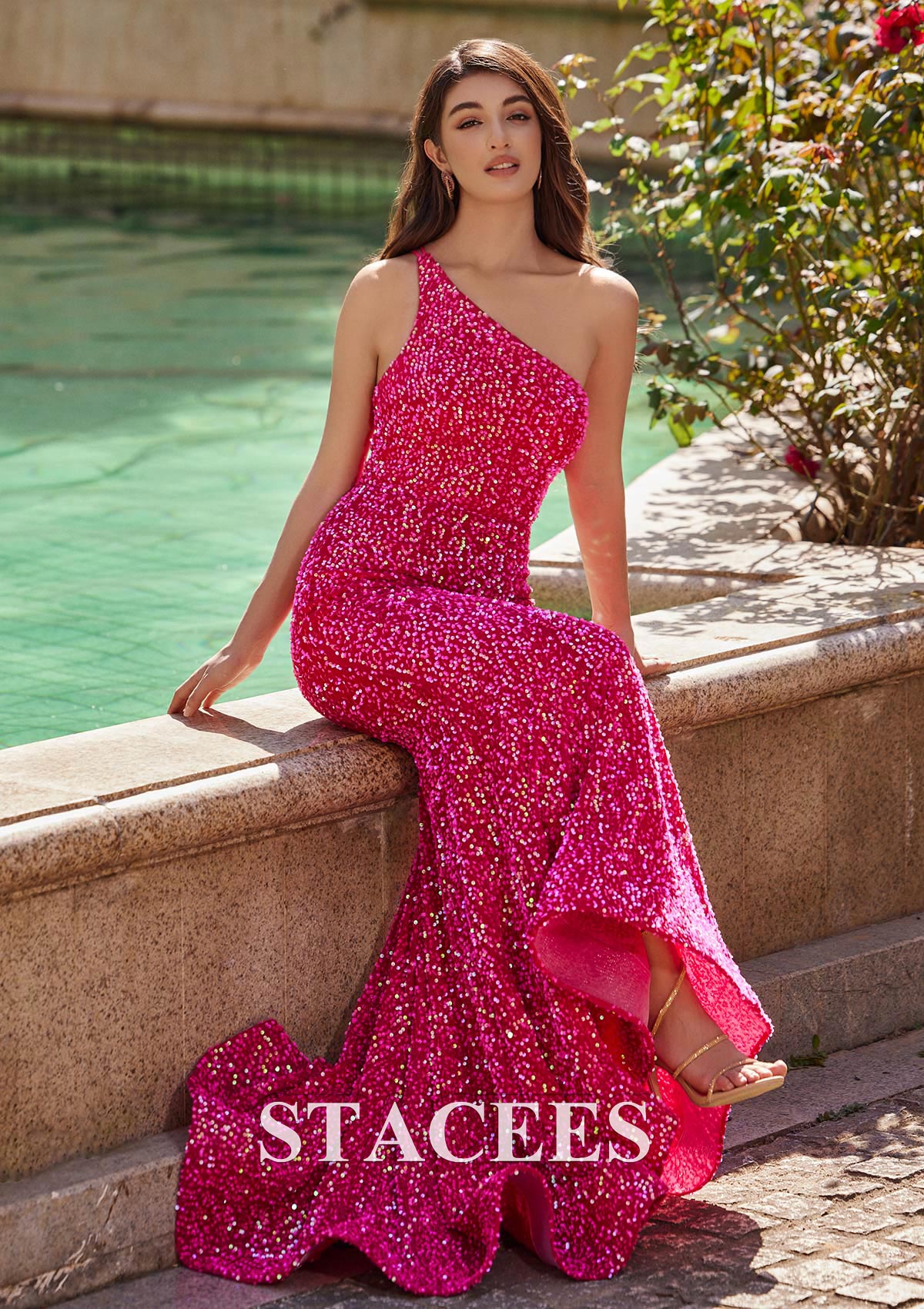 Fuchsia Trumpet/Mermaid One-Shoulder Velvet Sequins Prom Dress - STACEES
