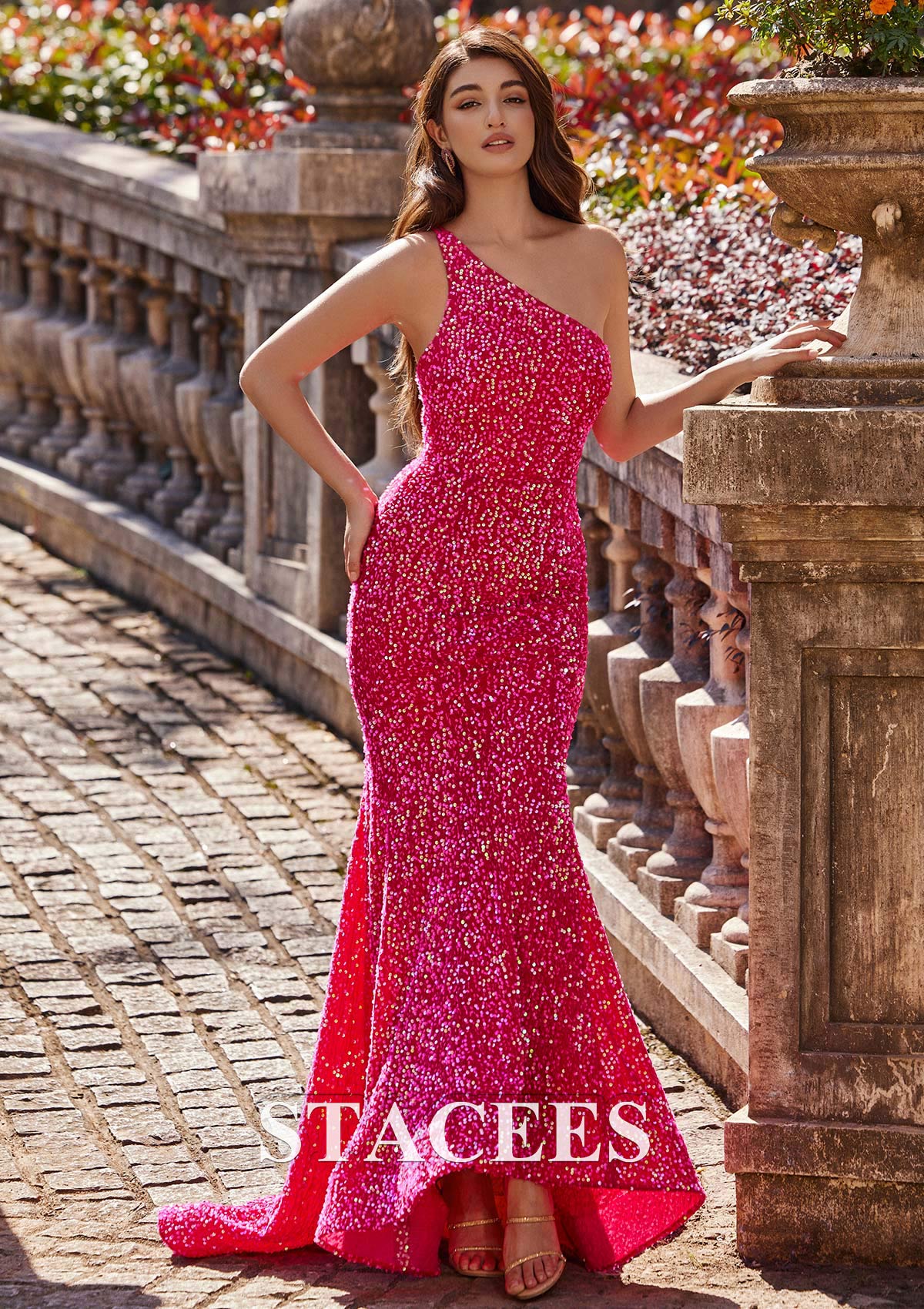 Fuchsia Trumpet/Mermaid One-Shoulder Velvet Sequins Prom Dress - STACEES