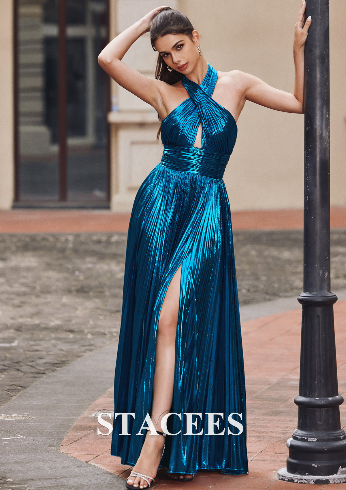 Ink Blue A-line Halter Sleeveless Floor-Length Metallic Prom Dress with Split - STACEES