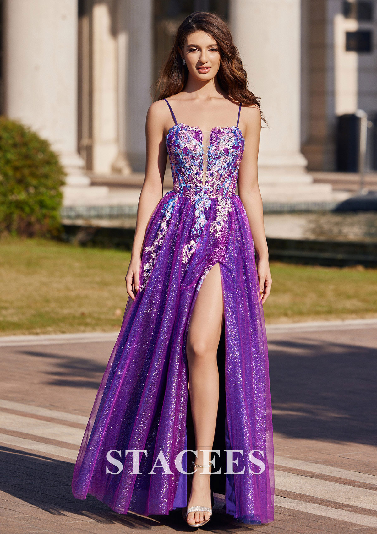 Orchid A-line Square Neckline Floor-Length Tulle Prom Dress with Appliqued Split Glitter - STACEES