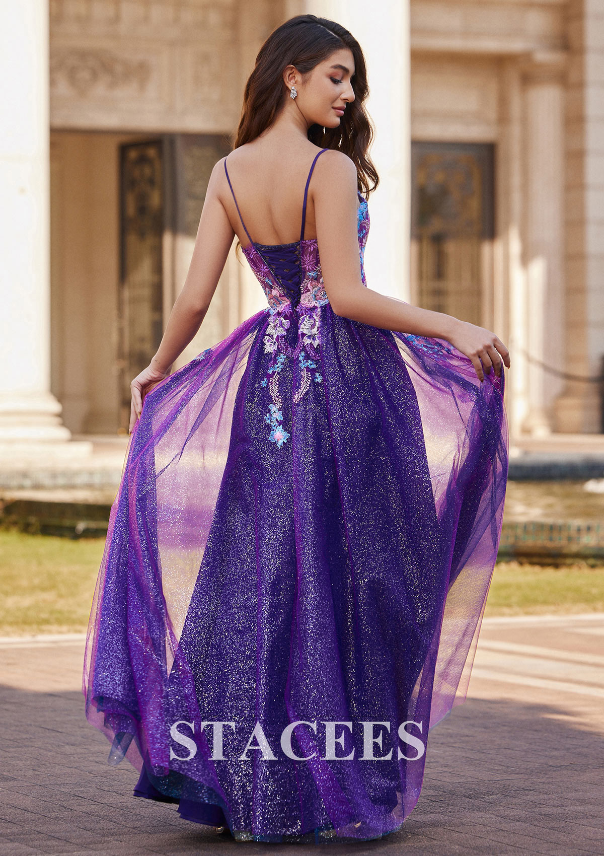 Orchid A-line Square Neckline Floor-Length Tulle Prom Dress with Appliqued Split Glitter - STACEES