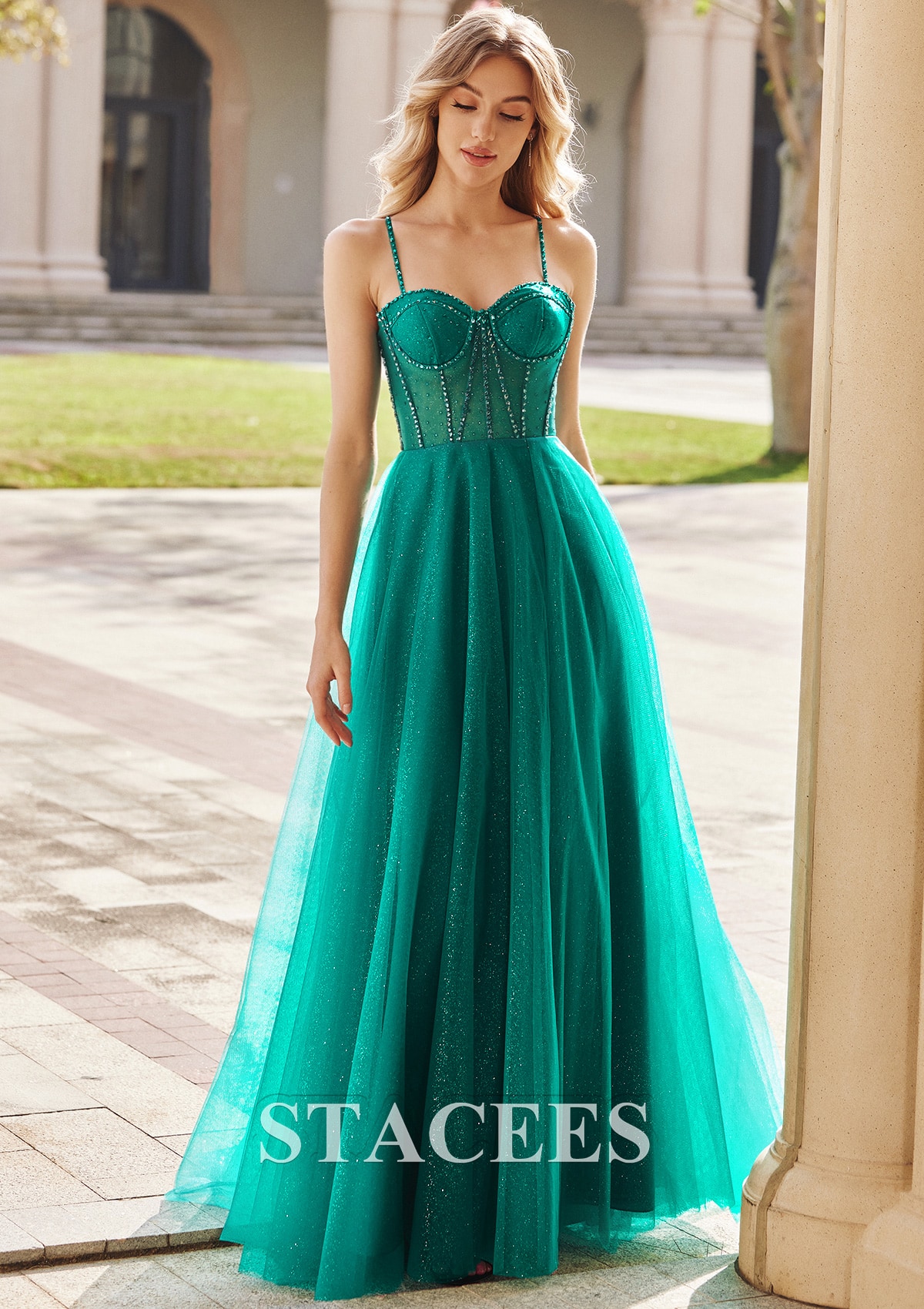 Teal Cuello de corazón vestido línea a tul hasta el suelo vestidos de graduación - STACEES