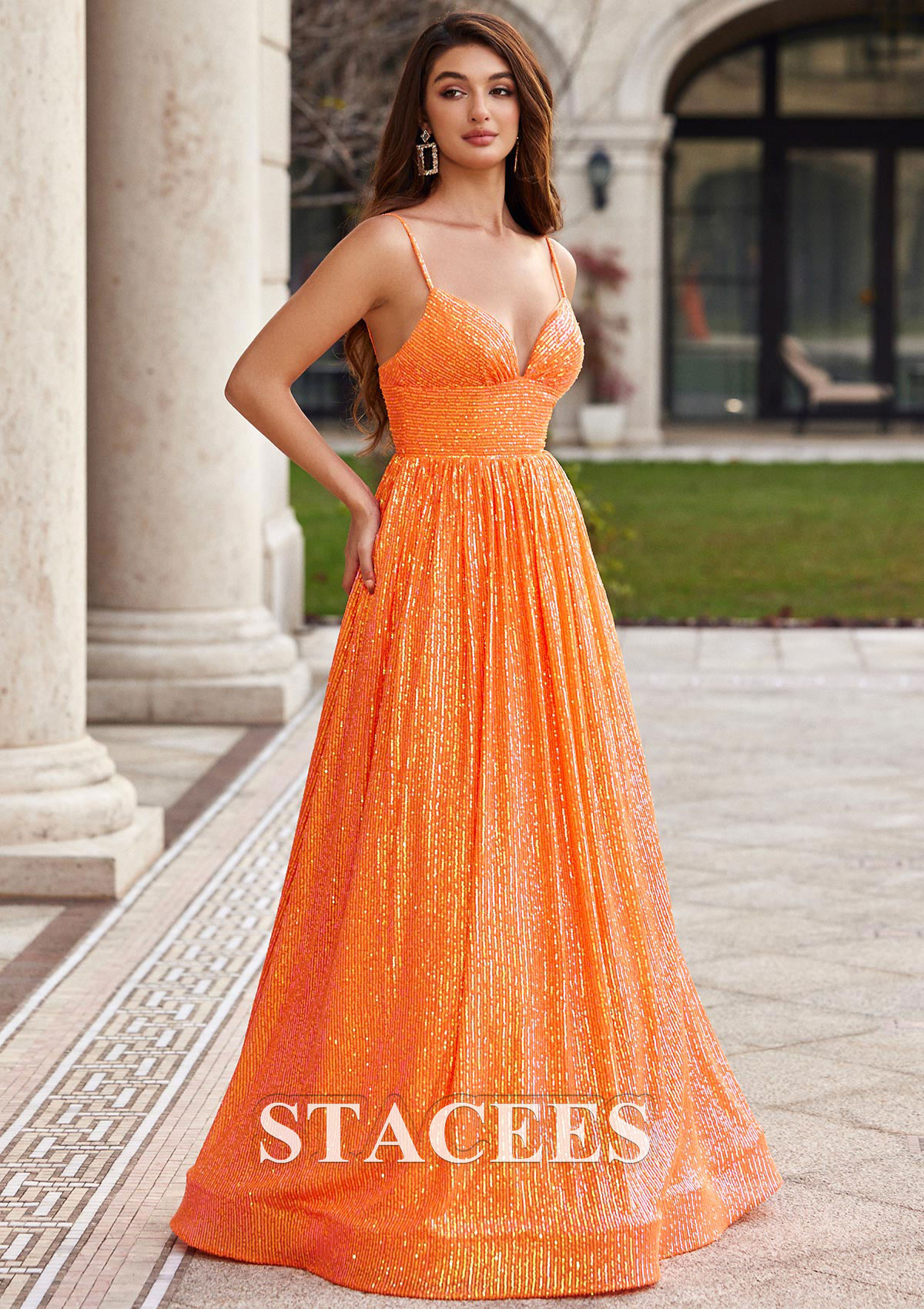 Orange Robe trapèze princesse col en v paillettes ras du sol robe de bal - STACEES