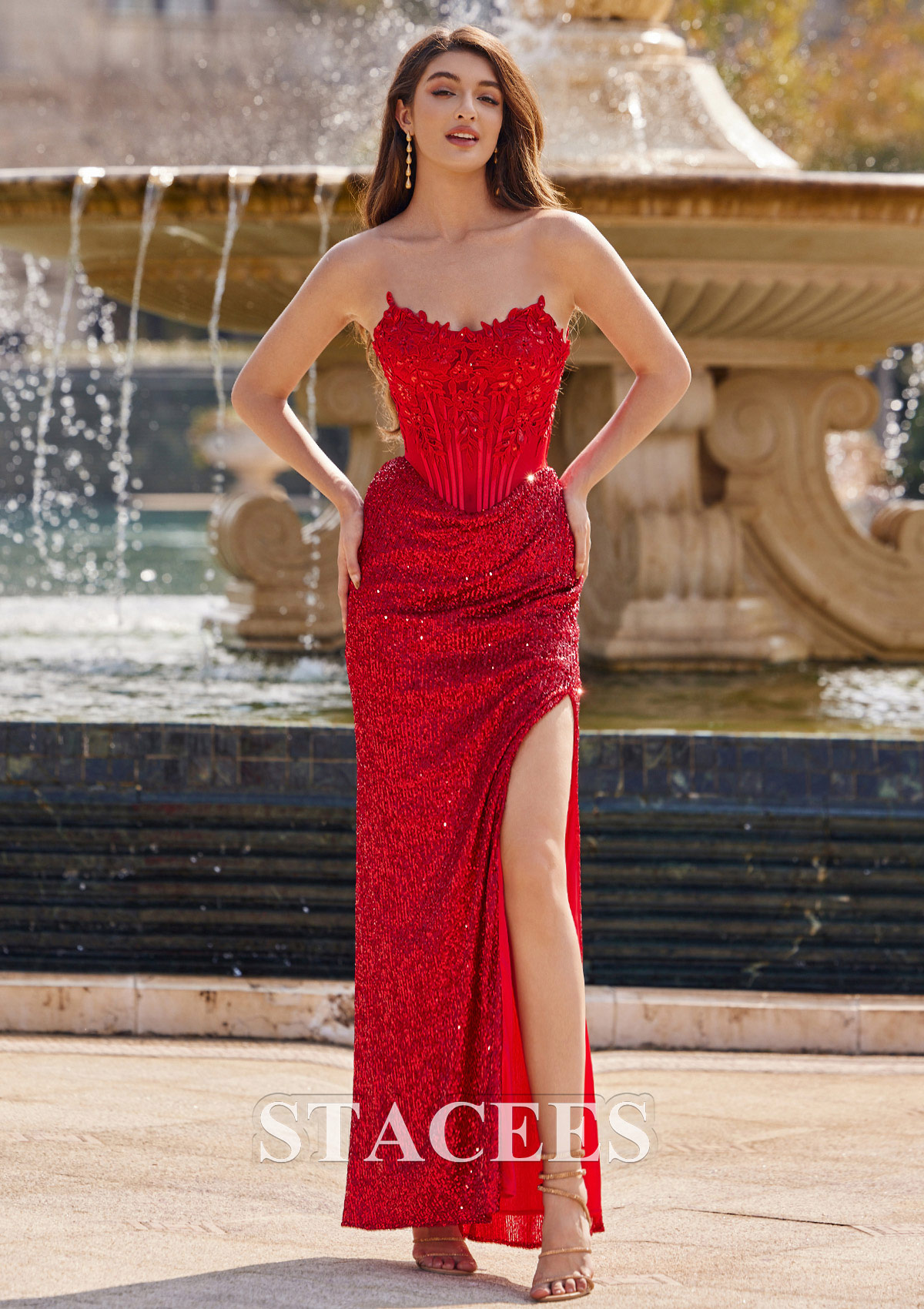 Red Sheath/Column Sweetheart Floor-Length Sequined Prom Dress with Appliqued Split - STACEES