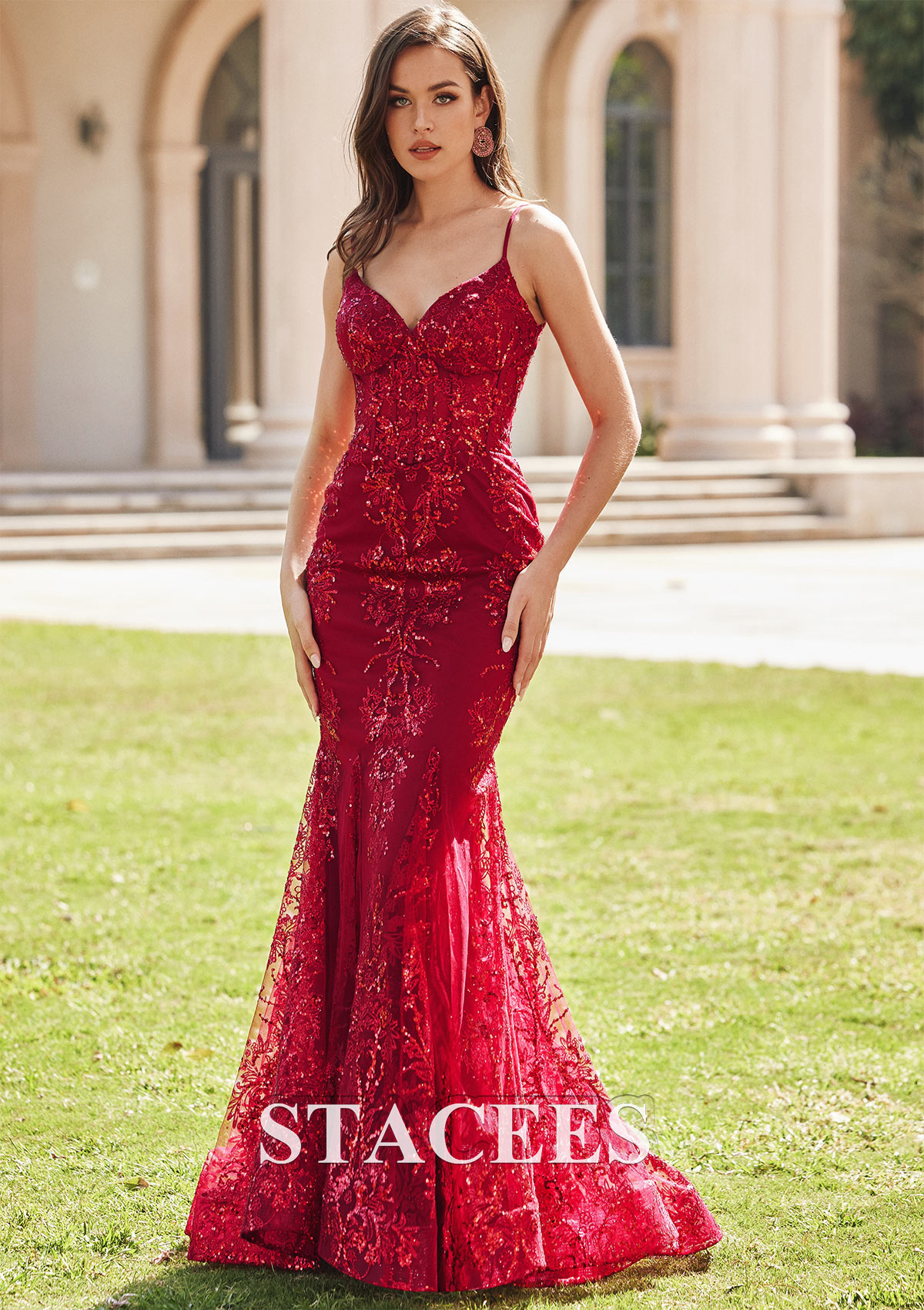 Bordeaux Trumpette/Sirène col en v glitter traîne balayage robe de bal - STACEES