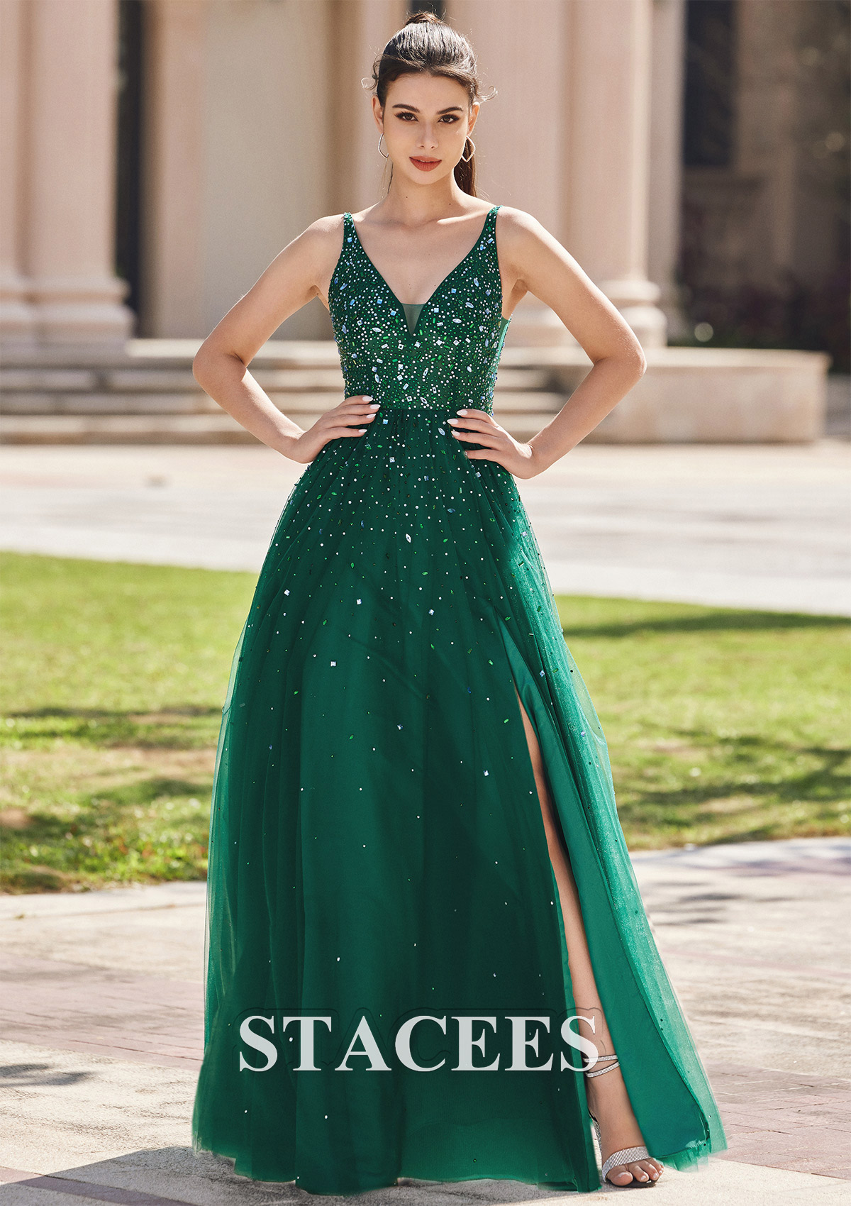Vert Foncé Trapèze robe princesse col en v tulle ras du sol robe de bal - STACEES