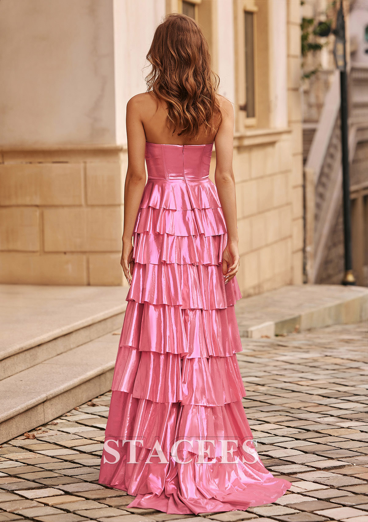 Candy Pink A-line Strapless Metallic Sweep Train Ruffles Prom Dress - STACEES