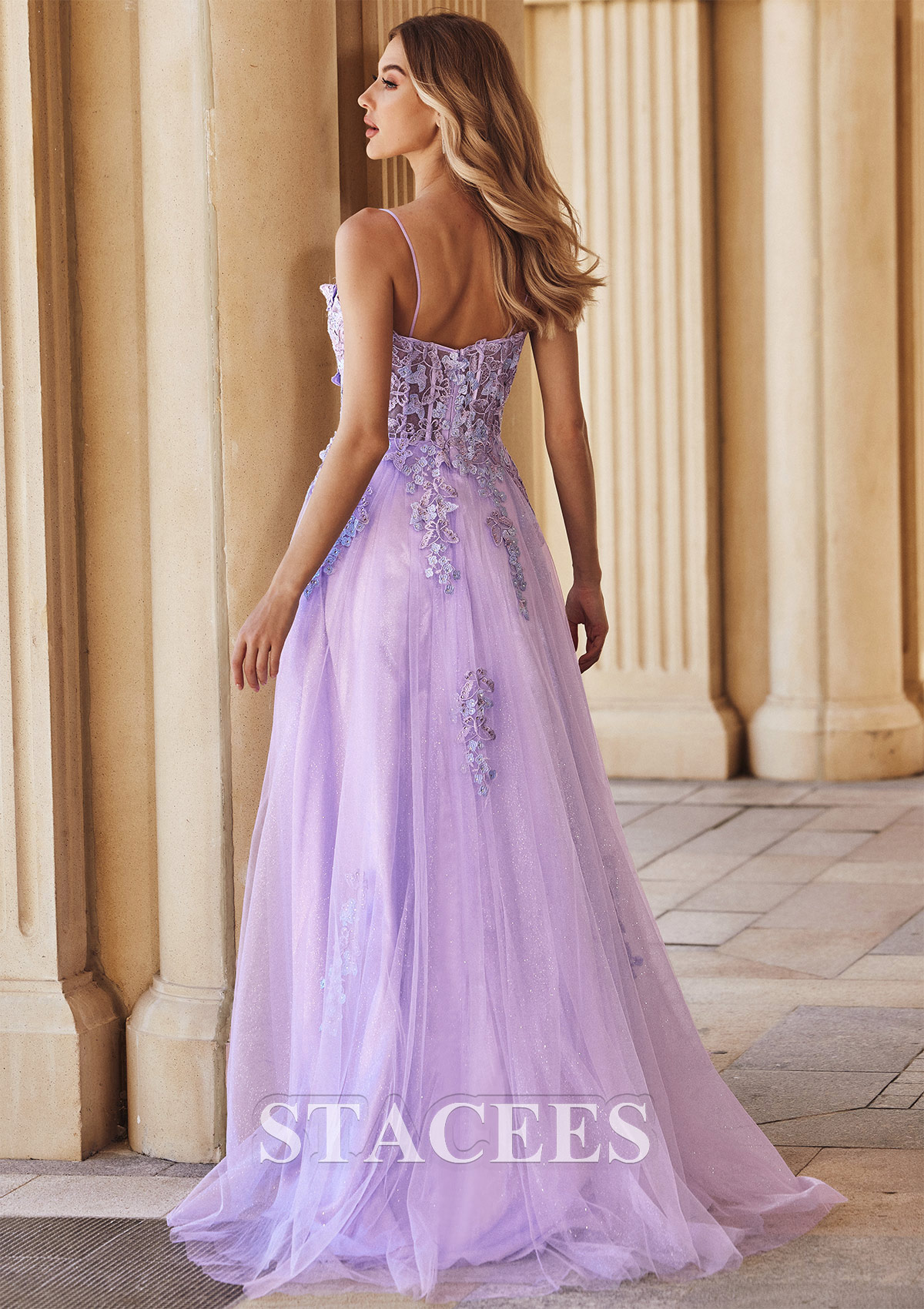 Lilac A-line Sweetheart Sleeveless Sweep Train Tulle Prom Dress with Appliqued Beading Split Glitter Butterfly - STACEES