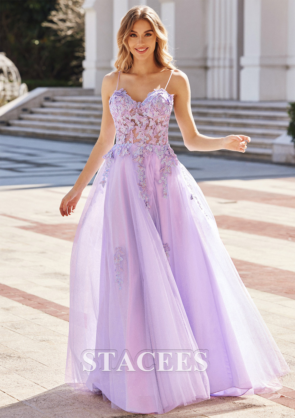 Lilac A-line Sweetheart Sleeveless Sweep Train Tulle Prom Dress with Appliqued Beading Split Glitter Butterfly - STACEES