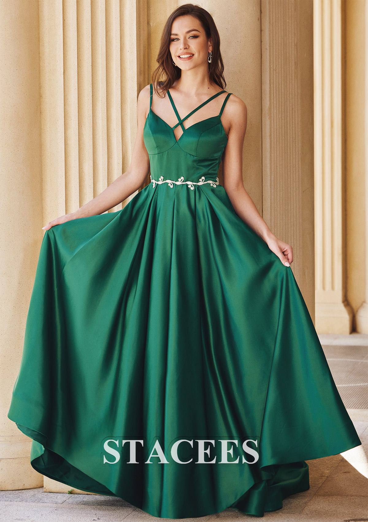 Dark Green A-line V Neck Sleeveless Sweep Train Satin Prom Dress with Waistband Split - STACEES