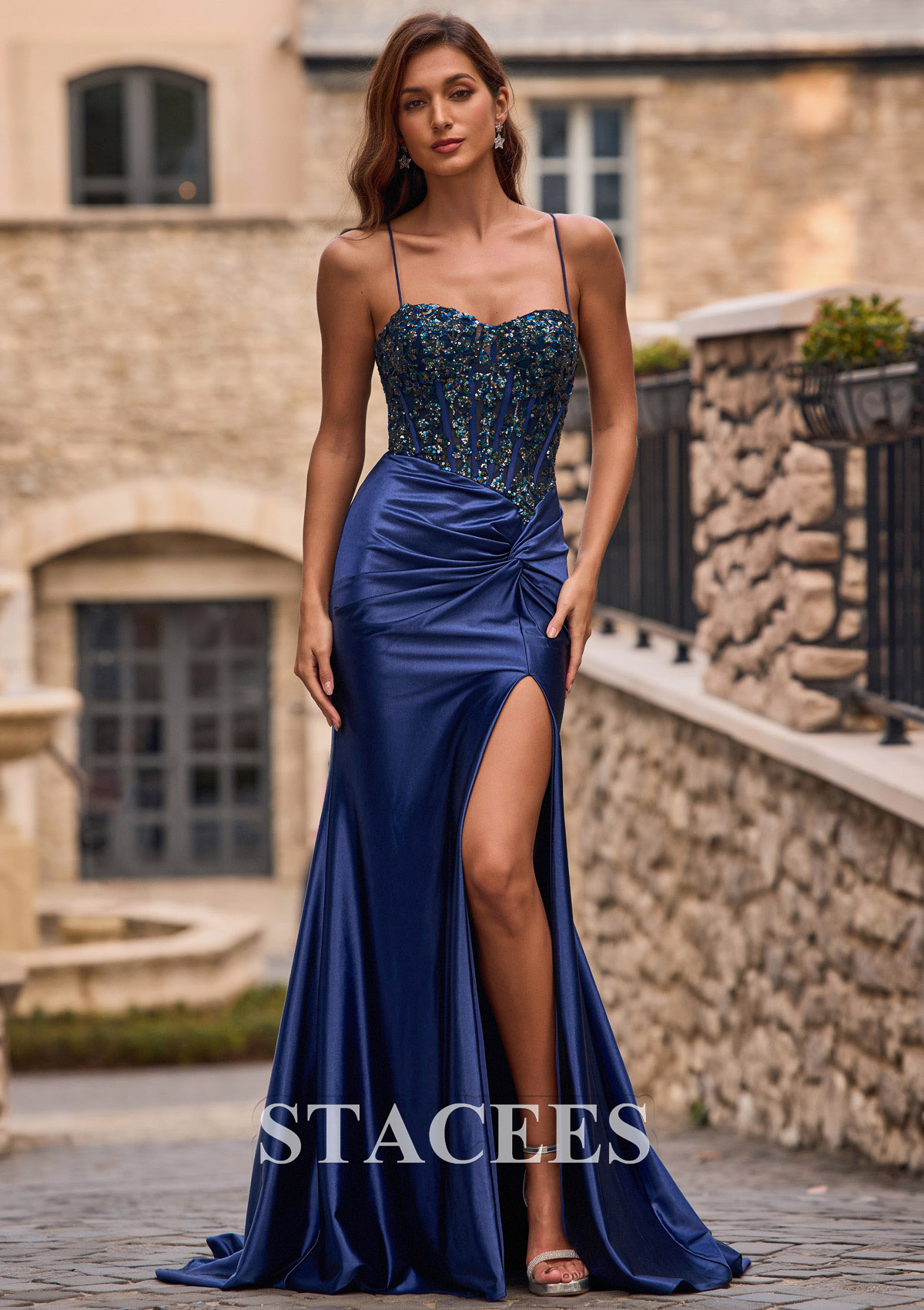 Bleu marine foncé Trumpette/Sirène cache coeur soie comme du satin traîne cour robe de bal  - STACEES