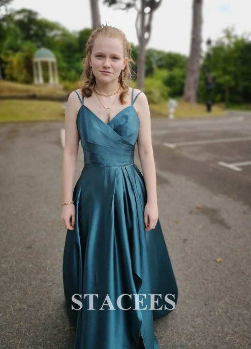 Princess A-line V Neck Sleeveless Satin Asymmetrical Prom Dress With Pleated - Prom Dresses