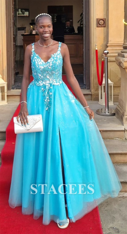 a-line/princess paillette tulle v-neck floor-length sleeveless dresses A-line Princess V Neck Sleeveless Tulle Prom Dress with Appliqued Beading  Glitter S7680P - Prom Dresses