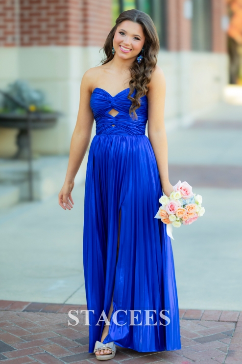 strapless keyhole metallic pleated a-line prom dress with slit Sweetheart Keyhole Pleated A-Line Prom Dress Pink / 10